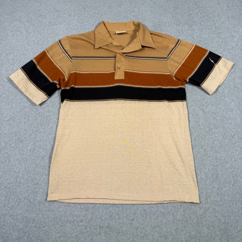 Vintage 70s 80s Lightning Bolt Striped Surf Polo Shirt Mens Medium Earth Tone